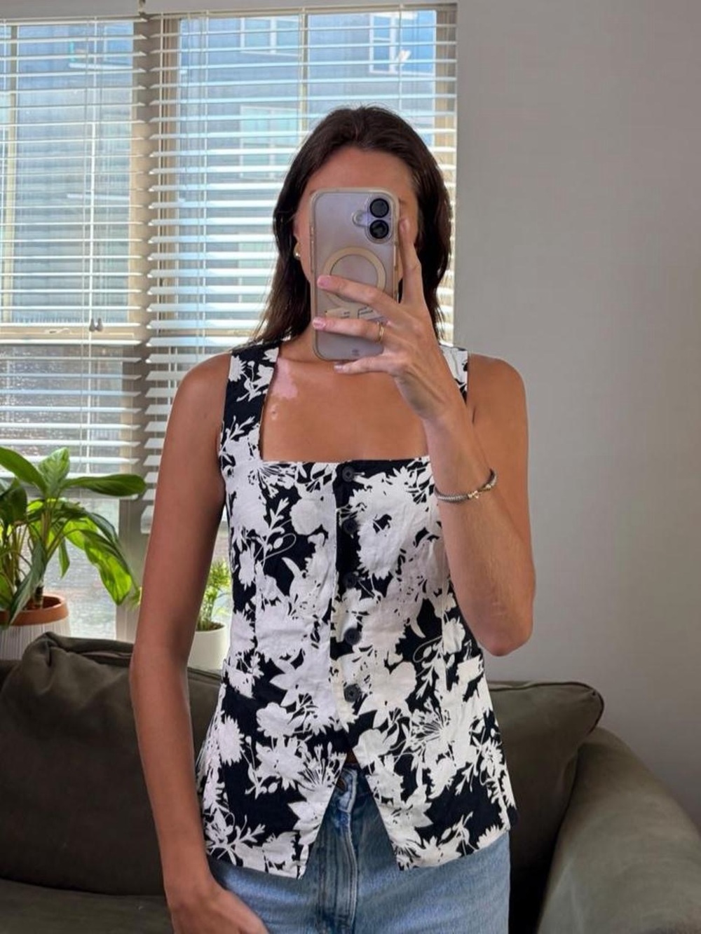 Loft black and white sleeveless linen top